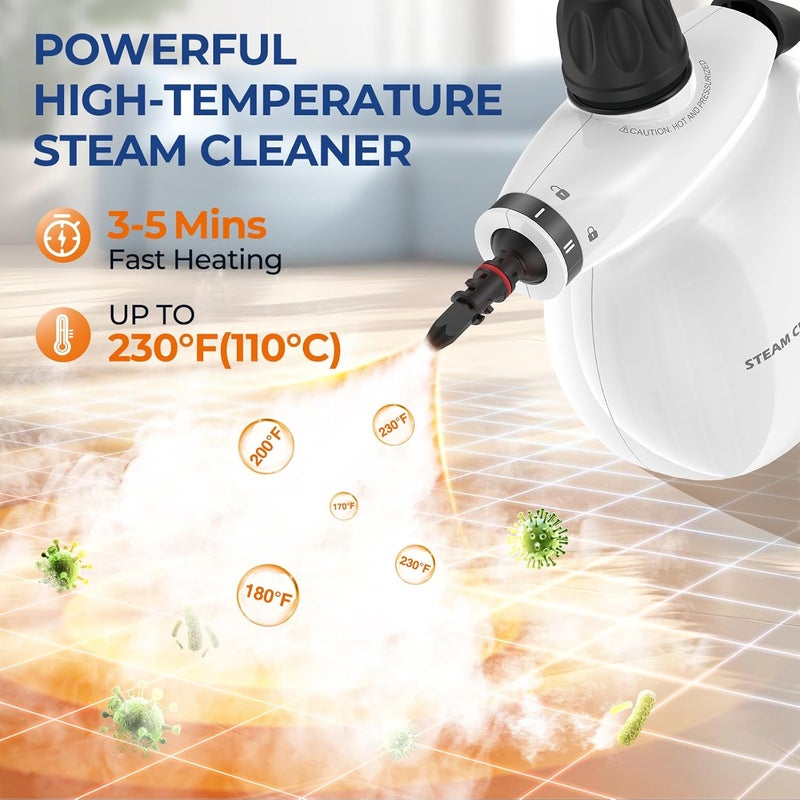 LABIGO Steam Cleaner, Pressurized Handheld 13pcs Multi-Purpose Natural Deep Cleaning Steamer, Portable Steamer for Cleaning Home, Grout, Kitchen, Car, Window, Upholstery, Bathroom and Clothes, White - Image 3